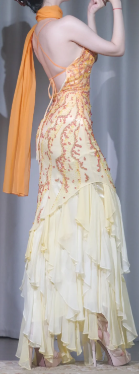 ✨Girlhomeshops-Ombre Orange Yellow Spaghetti Strap Prom Gown Hand Beaded Ruffle Chiffon Mermaid Evening Dress gh10076