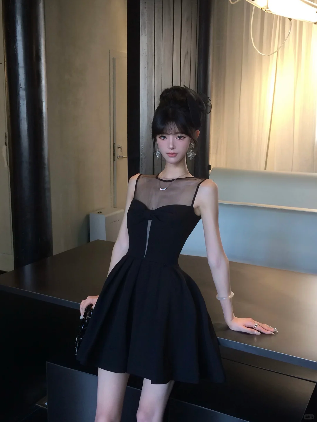 Women Elegant Black Mesh Homecoming Dress Sheer Round Neck Heart Cutout Boned Waist A-Line Flare Short Party Gown gh9439