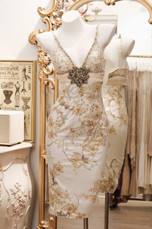 Ivory Champagne Short Formal Dress, Spaghetti Straps, V-Neck, Gold Lace Applique, Hand Beaded, Bodycon Knee-Length Vintage Prom Gown gh9573