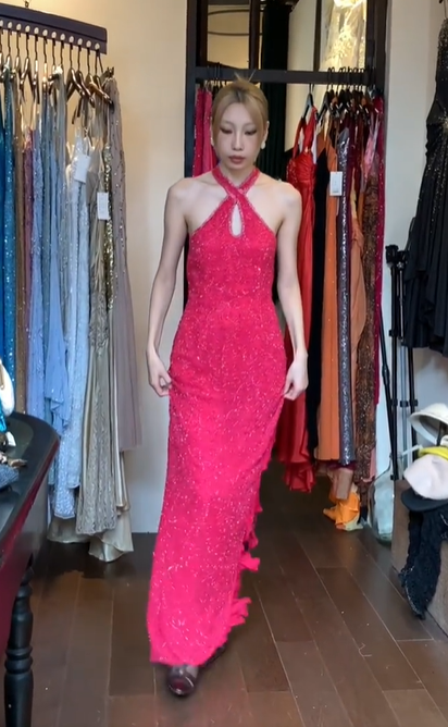 Crisscross Halter Fuchsia Prom Dress Keyhole Cutout Allover Beaded Sequin Side Ruffle Formal Evening Gown gh9808