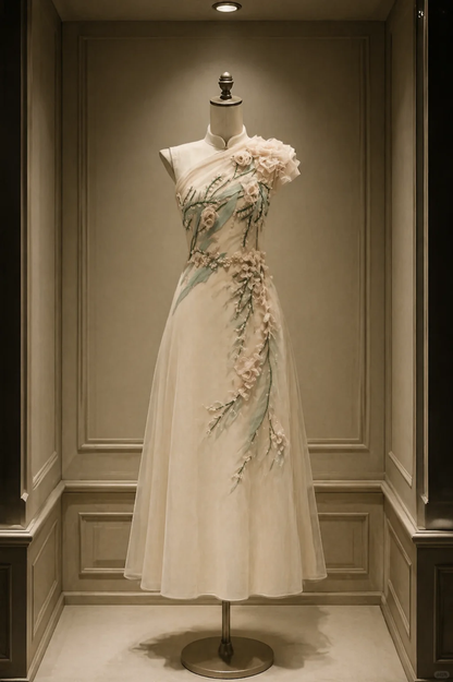 ✨Girlhomeshops-One Shoulder 3D Floral Champagne Qipao Cheongsam Midi Evening Dress gh10482