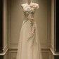 ✨Girlhomeshops-One Shoulder 3D Floral Champagne Qipao Cheongsam Midi Evening Dress gh10482
