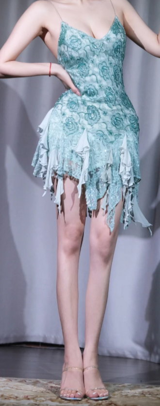 ✨Girlhomeshops-Mint Green Lace Sequin Spaghetti Strap Evening Dress V Neck Irregular Ruffle Fringe Party Gown gh10049