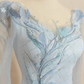 Abendkleid Hellblau Satin Transparent Langärmelig Perlenbesetztes Blumenmuster Bodenlanges Abendkleid gh6389