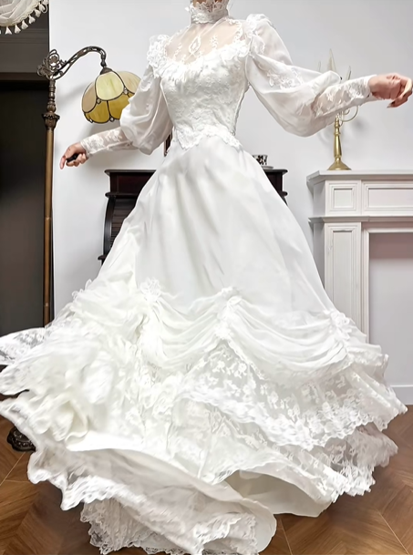 Ivory Vintage Lace High‑Neck Puff‑Sleeve Draped Ruched Long Train Wedding Dress gh8768