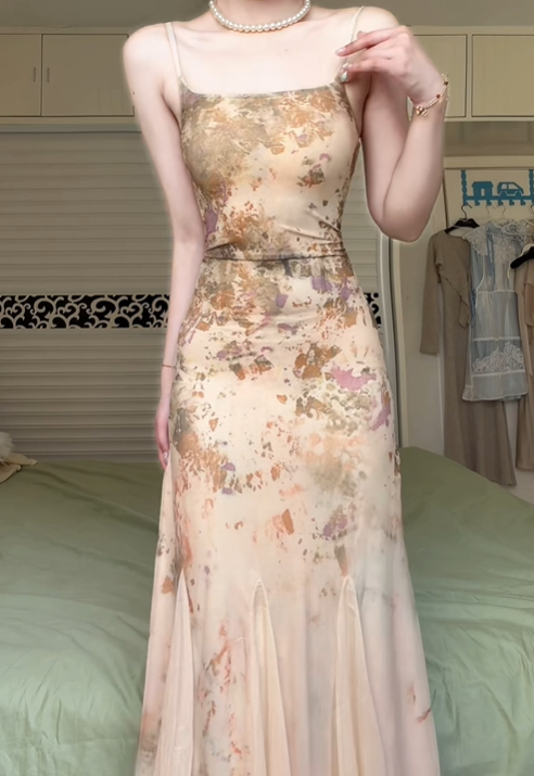 Vintage Oil‑Painting Floral Spaghetti Strap Long Evening Gown, Ruched Waist Irregular Flowy Skirt Formal Prom Dress gh9004