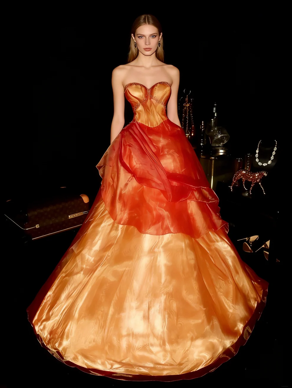 ✨Girlhomeshops-Wunderschönes orangefarbenes Tube-Top Puffy Prinzessin langes Ballkleid gh10160
