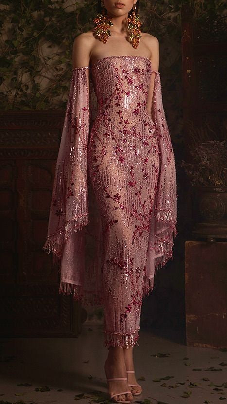 girlhomeshops - Luxuriöses, elegantes, langes, pinkfarbenes Perlenkleid gh6193