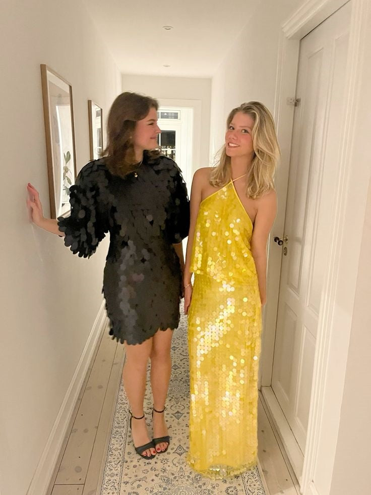 Costume deux pièces jaune brillant à paillettes, robe longue de vacances en bord de mer, robe de soirée gh4860