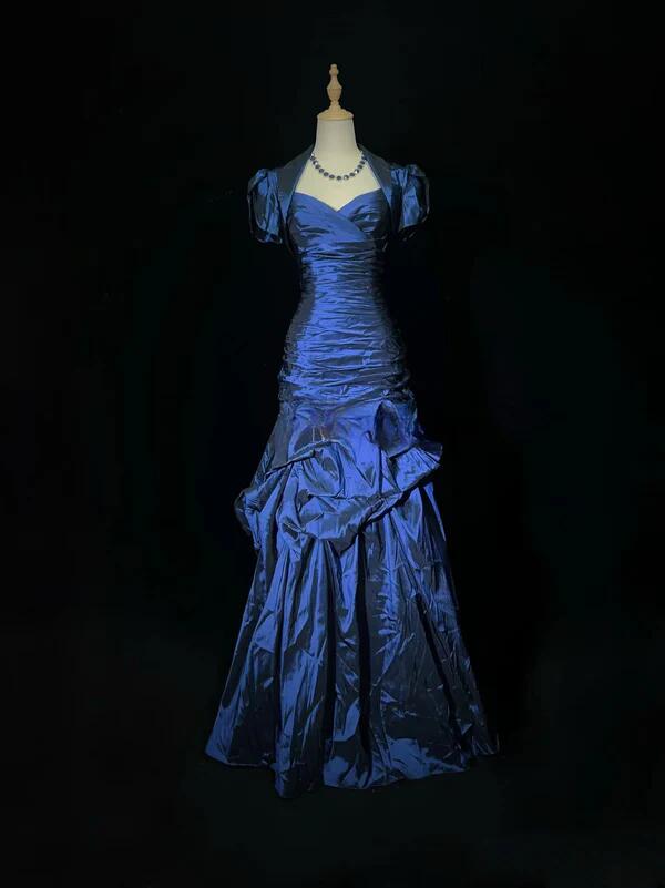 Elegantes, langes Vintage-Ballkleid in Marineblau mit kurzen Ärmeln (gh7077)