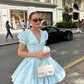 Girlhomeshops-Light blue fashionable V-neck A-line puff sleeve short satin homecoming dress birthday dress gh5289