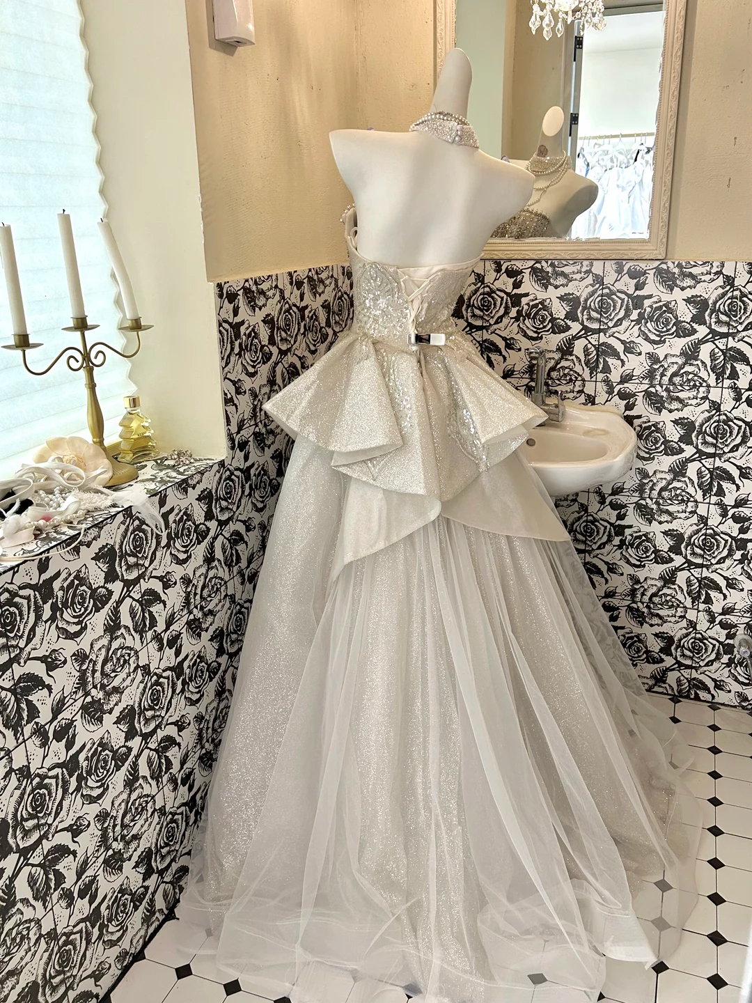 Ivory Gown with Silver Decorations, Waist-Cinched Slim A-Line Long Romantic Dress, Wedding Gown gh7703
