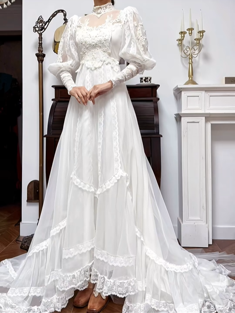 Ivory Vintage High‑Neck Tulle Wedding Dress, Puff Long Sleeve Bridal Prom Gown gh8743