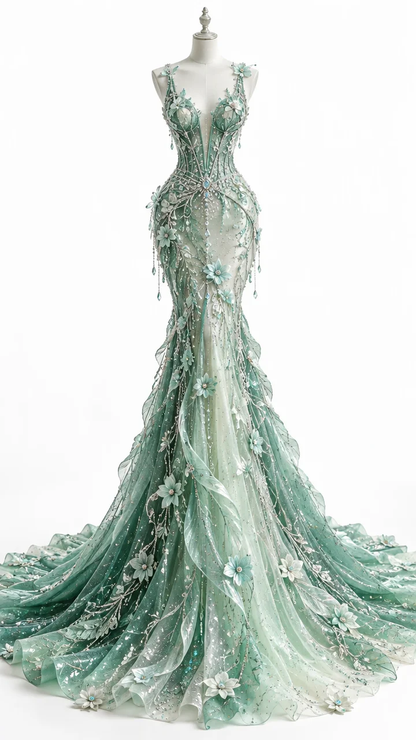 ✨Girlhomeshops-Green Ombre Mermaid Prom Dress with 3D Floral Appliques & Crystal Beading gh10308