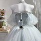 Light Ice Blue Tulle Long Evening Gown, Off Shoulder Puff Sleeve Heavy Beaded Rhinestone Princess Prom Dress gh9273