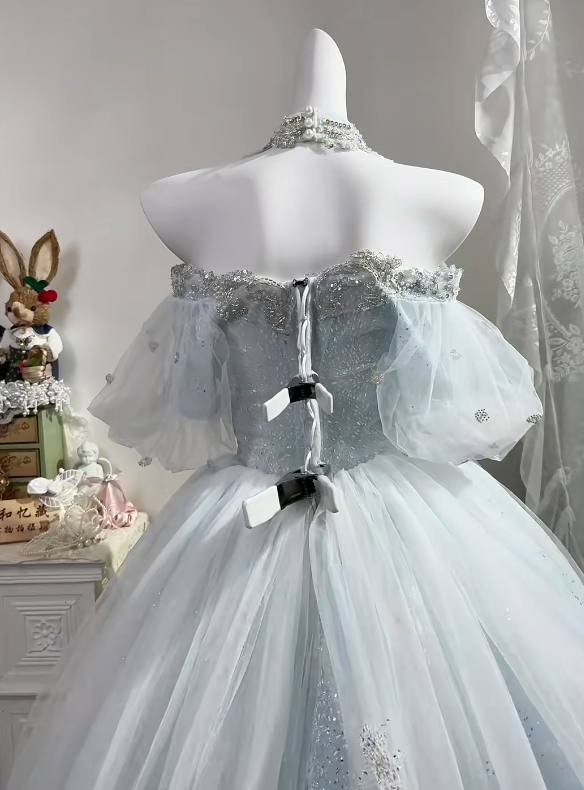 Light Ice Blue Tulle Long Evening Gown, Off Shoulder Puff Sleeve Heavy Beaded Rhinestone Princess Prom Dress gh9273