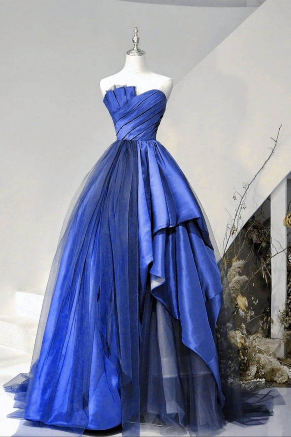 Blue off-the-shoulder A-line satin tulle long party dress prom gown evening gown gh3106