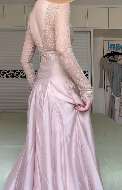 Champagne Pink Two‑Piece Long Prom Gown, Lace Square Neck Long‑Sleeve Top, Satin Bust Cups, Sheer Floral Lace Waist, High‑Waist Shiny Satin Floor‑Length Skirt, Formal Evening Dress gh8930