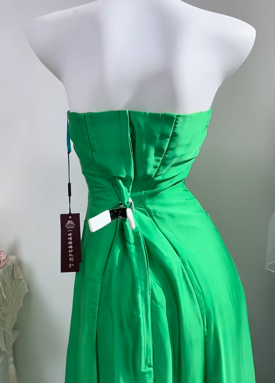 Bright Green Satin Long Evening Gown, Strapless Ruched Bodice With Beading Slit Formal Prom Dress gh9277
