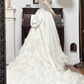 Ivory Vintage Satin Wedding Gown, Mock Two‑Piece High Neck Mesh V‑Neck, Puff Long Sleeves, Gold‑Silver Thread Lace Beaded Appliqués, Fitted Waist, Satin Full Long Skirt, Bridal Prom Dress gh8755