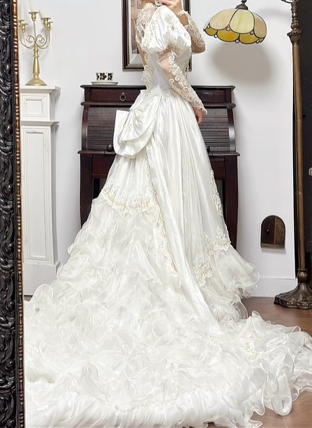 Ivory Vintage Satin Wedding Gown, Mock Two‑Piece High Neck Mesh V‑Neck, Puff Long Sleeves, Gold‑Silver Thread Lace Beaded Appliqués, Fitted Waist, Satin Full Long Skirt, Bridal Prom Dress gh8755
