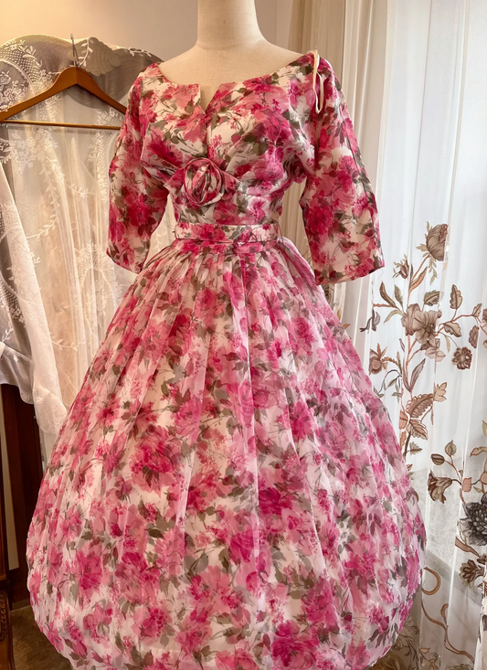 Vintage Pink Rose Floral Midi Gown, Boat Neck Puff 3/4 Sleeve Party Dress gh9339