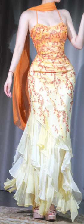 ✨Girlhomeshops-Ombre Orange Yellow Spaghetti Strap Prom Gown Hand Beaded Ruffle Chiffon Mermaid Evening Dress gh10076