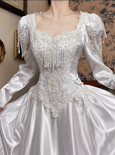 White Vintage Satin Wedding Gown, Sweetheart Square Neck, Puff Long Sleeves With Lace Cuffs, Heavy Lace Beaded Appliqué Pointed Waist, A‑Line Long Train With Lace Hem, Prom Dress gh8646