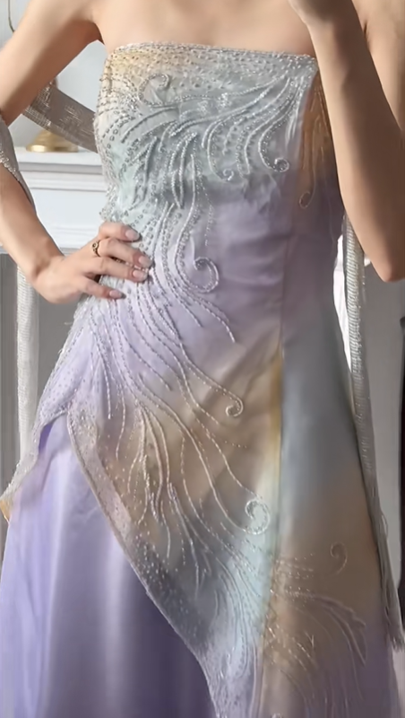 Lavender Purple Vintage Strapless Prom Gown, Gradient Silver‑Tone Beaded Embroidery Bodice, Asymmetrical Draped Overlay Panel, Flowy Organza Full Floor‑Length Skirt, Fairy‑Style Evening Prom Dress gh8809