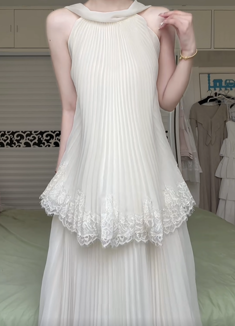 Ivory Halter Neck Pleated Long Evening Gown, Lace Trim Peplum Overlay Double‑Layer Chiffon Floor‑Length Formal Prom Dress gh8988
