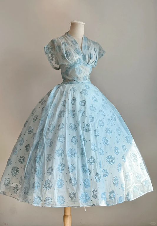 Light Blue Floral Print Vintage Midi Gown, V Neck Cap Sleeve Organza Party Dress gh9331