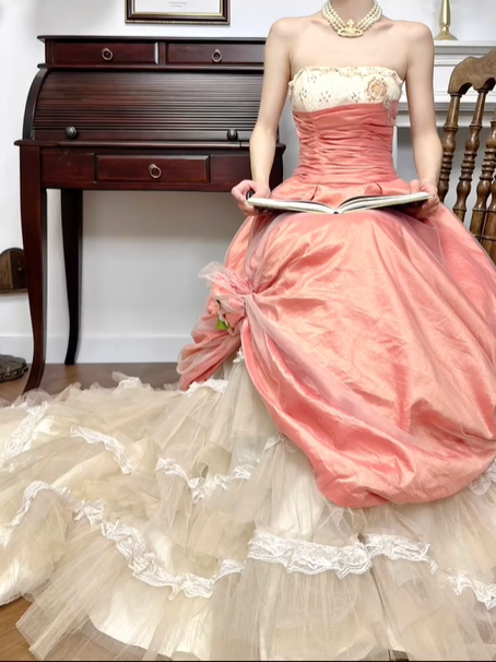 Peach Pink Vintage Strapless Ruched‑Waist 3D‑Floral Tiered‑Tulle Long Prom Gown gh8780