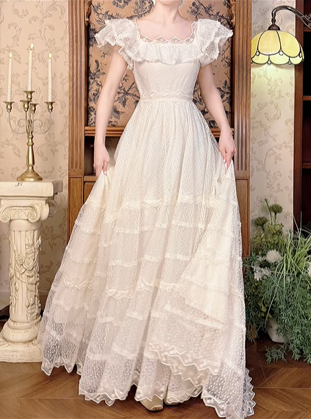 Off‑White Ruffle Neckline Fitted Waist Full Flared Skirt Vintage Lace Elegant Prom Gown, Wedding Dress gh8597