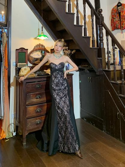 Black Lace Mermaid Long Evening Gown Strapless Sweetheart Sequin Prom Dress gh9854