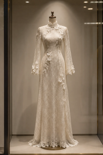 ✨Girlhomeshops-Ivory Lace 3D Flower Mermaid Qipao Wedding Gown gh10382