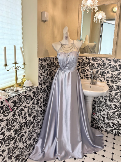 Dusty Lavender Halter Multi-Layer Beaded Chain Waist-Cinched Full Flared Long Romantic Dress, Wedding Gown gh7568