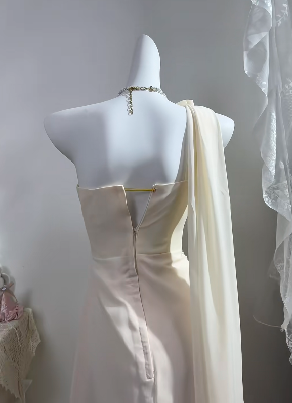 Cream White Long Greek Style Evening Gown, One Shoulder Draped Chiffon Dress With 3D Floral Appliques, Floor Length Formal Party Gown gh9270