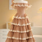 Light Brown Elegant Delicate Lace Midi/Short Chiffon Tiered Homecoming Dress Prom Dress Evening Dress Wedding Guest/Birthday/Garden Party Dress gh4131