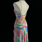 ✨Girlhomeshops-Rainbow Tie Dye Halter Beaded Chiffon Evening Gown gh10156
