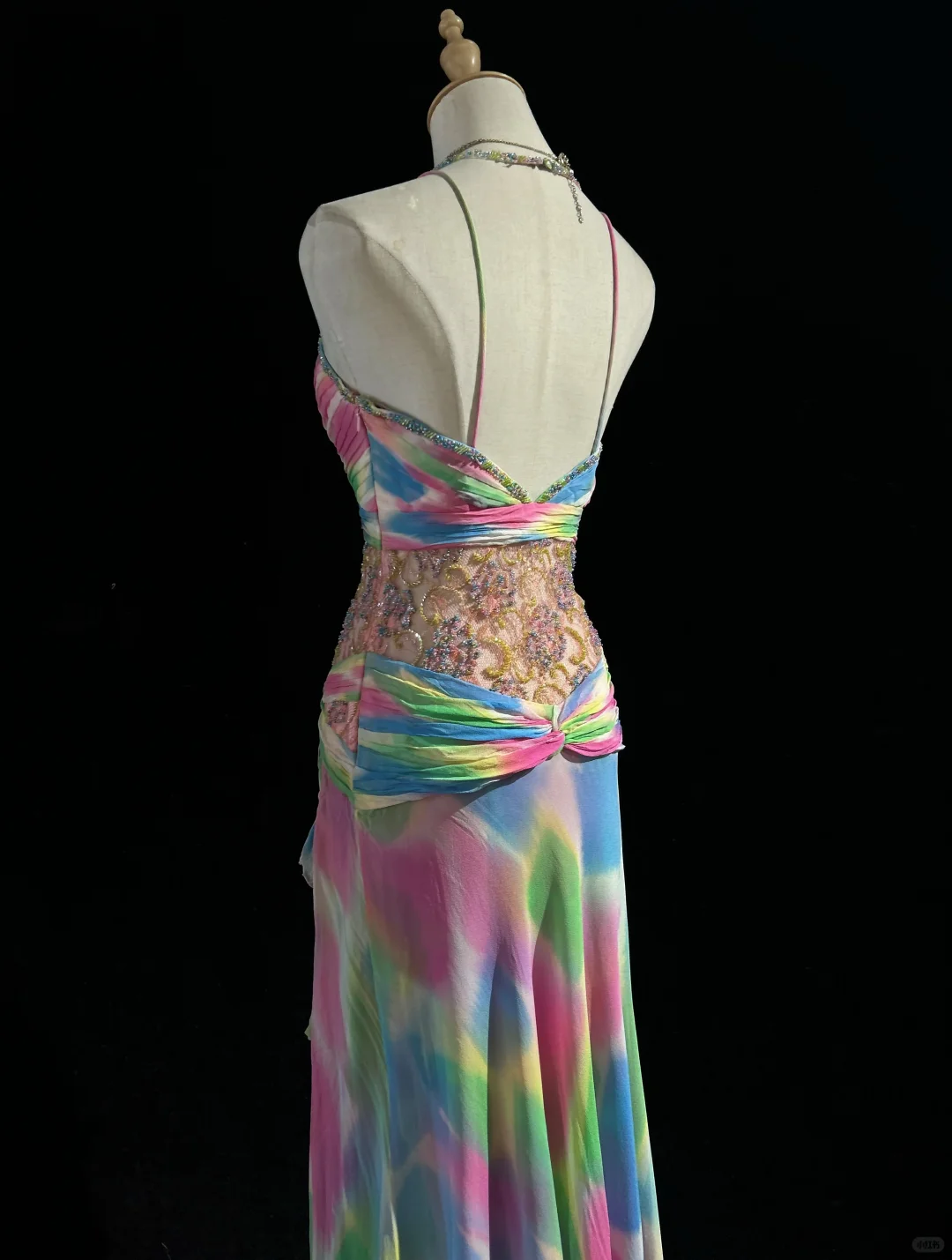 ✨Girlhomeshops-Rainbow Tie Dye Halter Beaded Chiffon Evening Gown gh10156