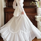 Off‑White Vintage Edwardian High Neck Lace Sheer Puff Long Sleeve High Waist Multi‑Layer Ruffle Lace Hem Long Train Prom Gown, Wedding Dress gh8623