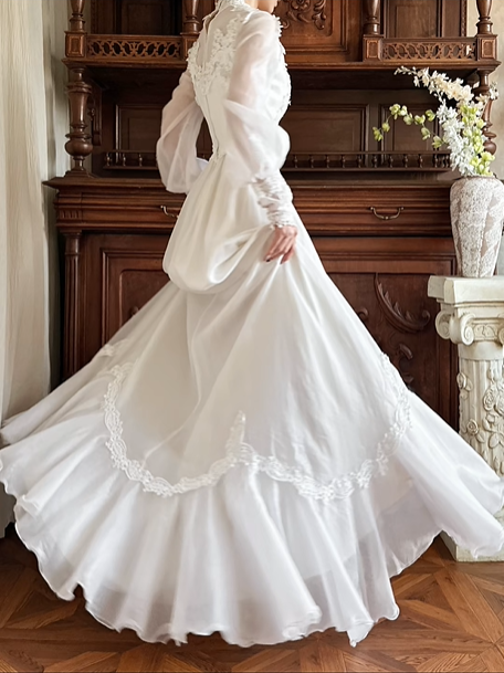 Off‑White Vintage Edwardian High Neck Lace Sheer Puff Long Sleeve High Waist Multi‑Layer Ruffle Lace Hem Long Train Prom Gown, Wedding Dress gh8623