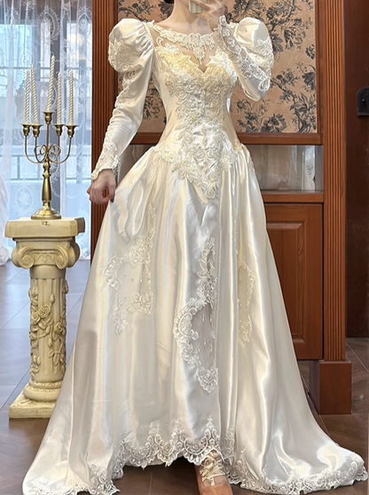 Ivory Vintage Satin Lace Ballgown Wedding Dress, Puff Long Sleeve Bridal Prom Dress gh8732