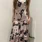 Light Pink Base Sexy Vintage Black Floral Print Spaghetti Strap Fitted Waist Slim Long Prom & Evening Party Dress gh8443