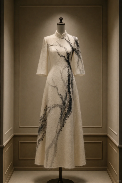 ✨Girlhomeshops-Cream Ink Print Textured Qipao Cheongsam Evening Gown gh10380