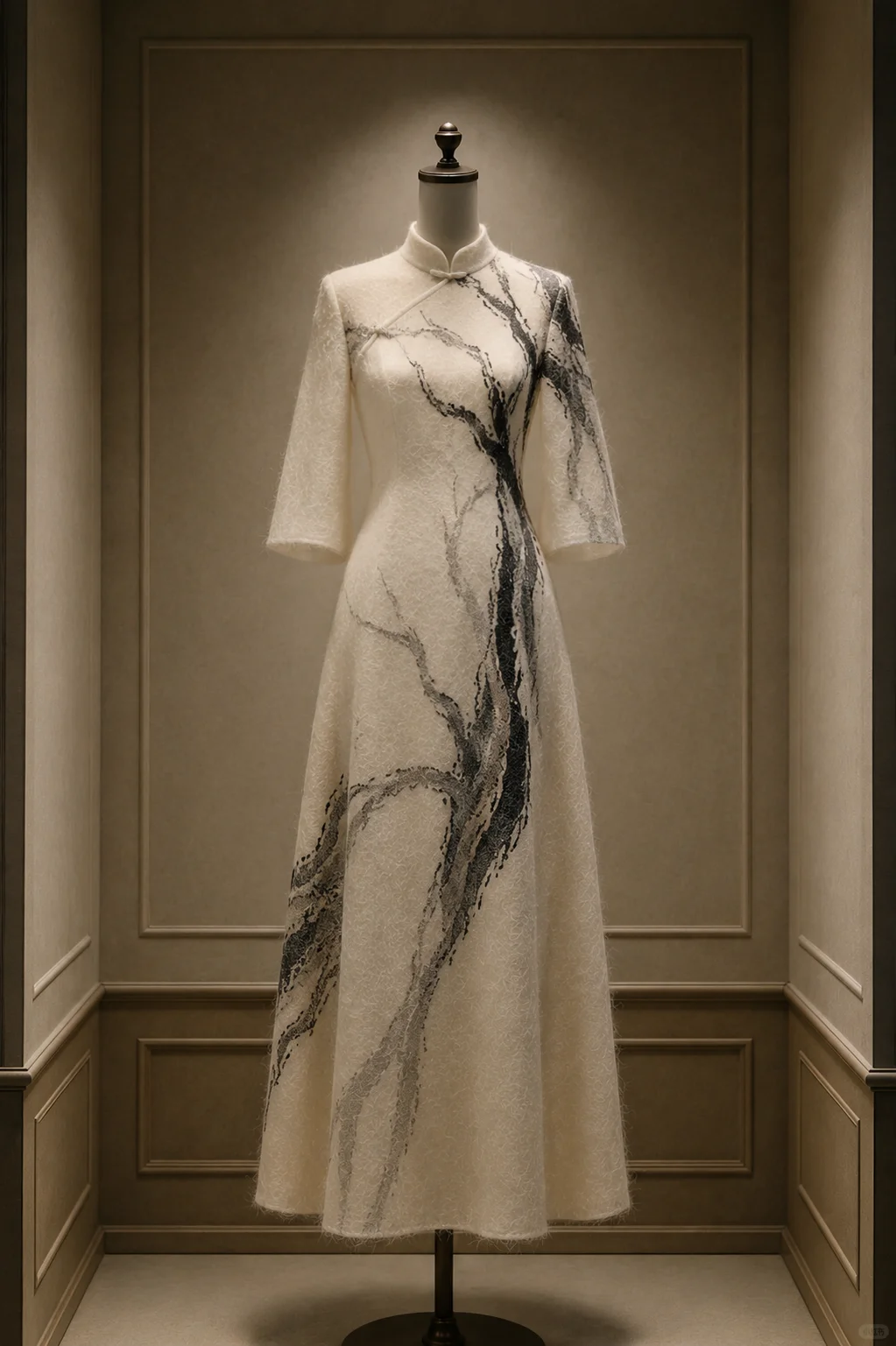 ✨Girlhomeshops-Cream Ink Print Textured Qipao Cheongsam Evening Gown gh10380