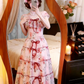 Pink Square Neck Floral Evening Gown, Ruffle Flutter Sleeve Red Bow Tiered Cake Skirt Prom Dress gh9131