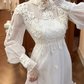 Ivory Vintage Empire Waist Wedding Prom Dress, Lace High Neck, Sheer Puff Long Sleeves, Pearl Lace Appliqués, A‑Line Long Train gh8695