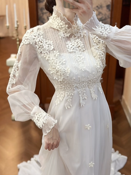 Ivory Vintage Empire Waist Wedding Prom Dress, Lace High Neck, Sheer Puff Long Sleeves, Pearl Lace Appliqués, A‑Line Long Train gh8695