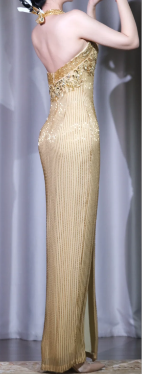 ✨Girlhomeshops-Gold Halter Beaded Prom Gown Deep V High Slit Sequin Evening Dress gh10097